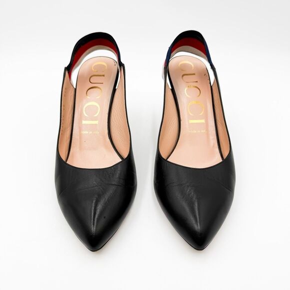 Gucci Sylvie Pumps Web Stripe Black Leather Slingback Heels Size 40, 10 - Picture 3 of 14